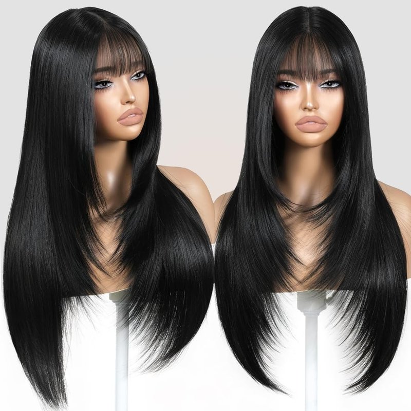 ZRLK Black Wig with Bangs Long Black Wig for Women Synthetic Heat-Resistant Hair Layered Style Hair for Daily and Party Use