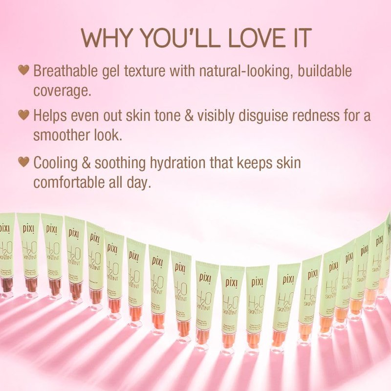 Pixi H2O SkinTint | Tinted Face Gel Moisturizer | Lightweight Hydrating Coverage with Hyaluronic Acid | Evens Skin Tone & Reduces Redness | Oil-Free Dewy Finish | Nude | 1.2 fl oz