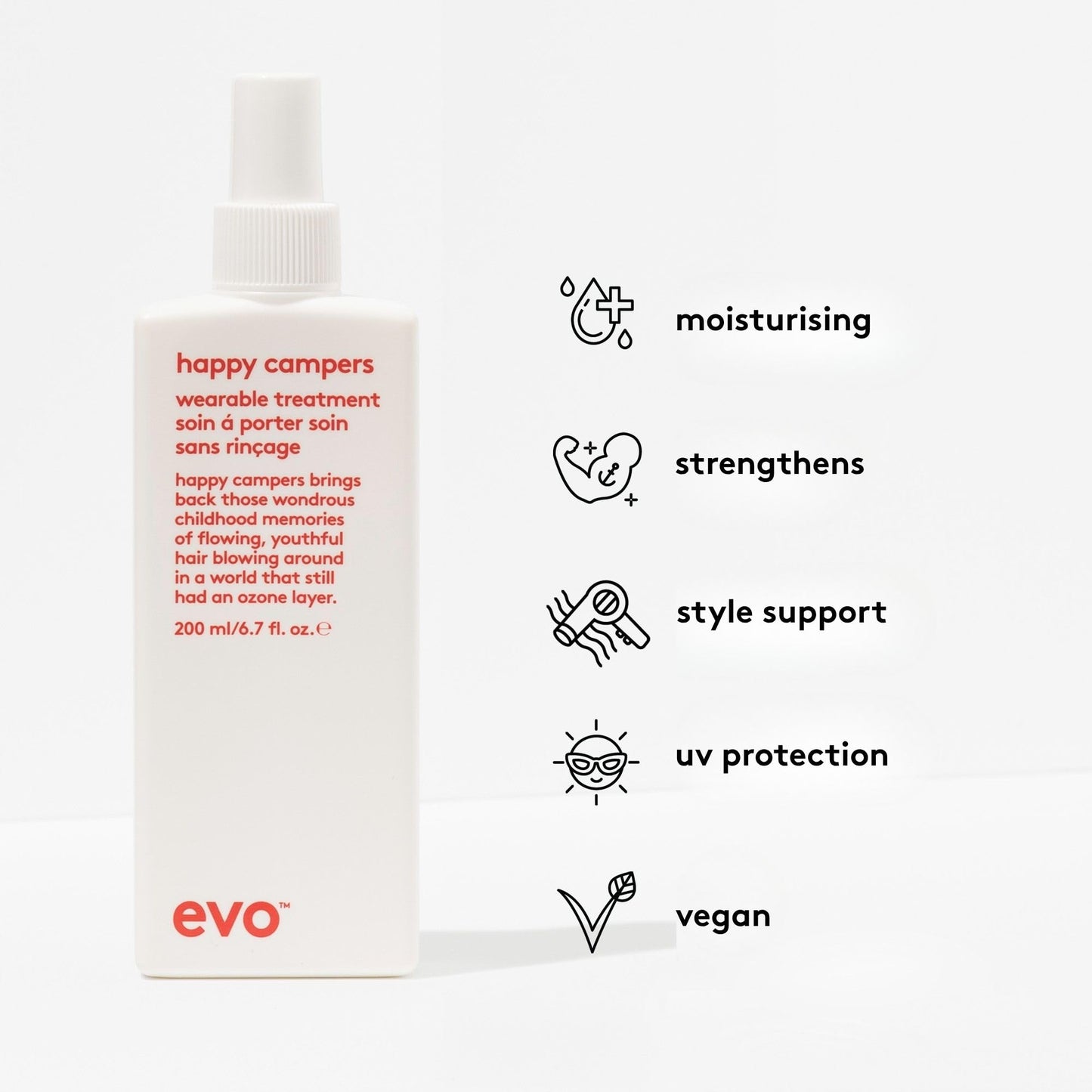 EVO Happy Campers Wearable Treatment - Daily Hair Treatment to Strengthen and Protect - Reduces Frizz and Provides UV Protection - 200ml / 6.8oz