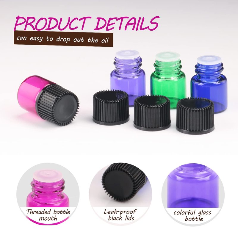 Wresty 1ml(1/4 Dram) Gift Package Glass Vial Mixcolor Essential Oils Bottles Mini Glass Bottles Sample Vials With Label And Droppers (100-Pack)