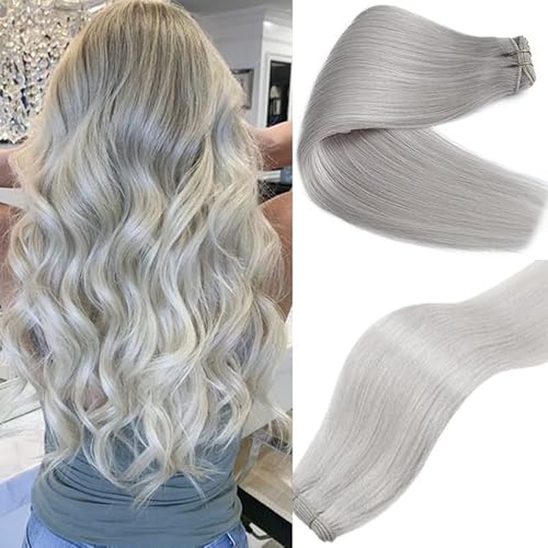 24Inch Silver Grey Human Hair Bundles 120Gram 100% Brazilian Silky Straight Sew in Extensions Double Weft Grey Human Hair Bundles for Women Hand Tied Weft Hair Extensions Silver Sew in Hair Bundles