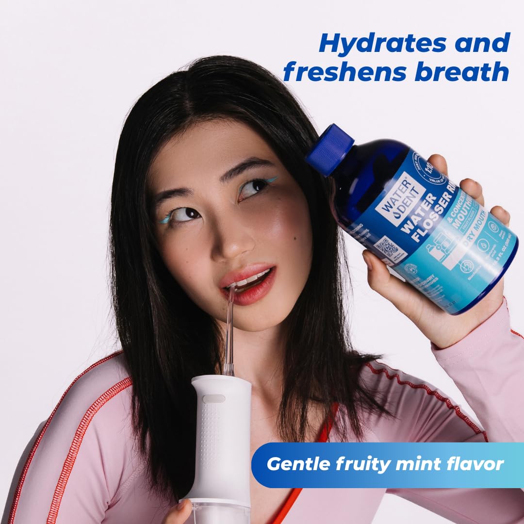 WATER DENT Water Flosser Rinse, Solution, Additive & Mouthwash for Dry Mouth – Compatible with Waterpik & All Oral Irrigators, with Hyaluronic Acid, Alcohol & Fluoride Free, Fruit Mint, 16.9 fl oz