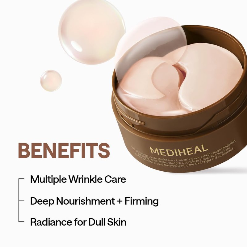 Mediheal Retinol Collagen Under Eye Patches - Korean Hydrogel Eye Pads (60 patches) with 95% Retinol & Collagen - Improves Puffy Eyes & Dark Circles - Non Irritating, Encapsulated Retinol