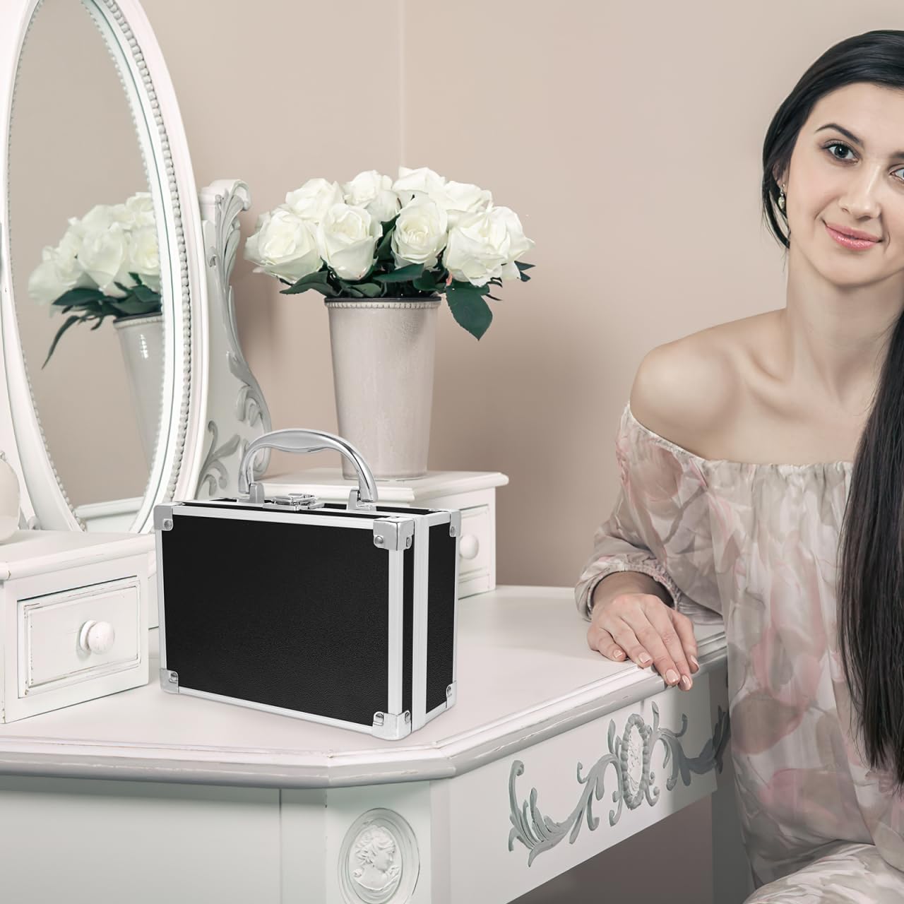Portable Makeup Box - Compact Cosmetic Organizer Travel Case with Handle | 7.87x5.51x3.54 Inch