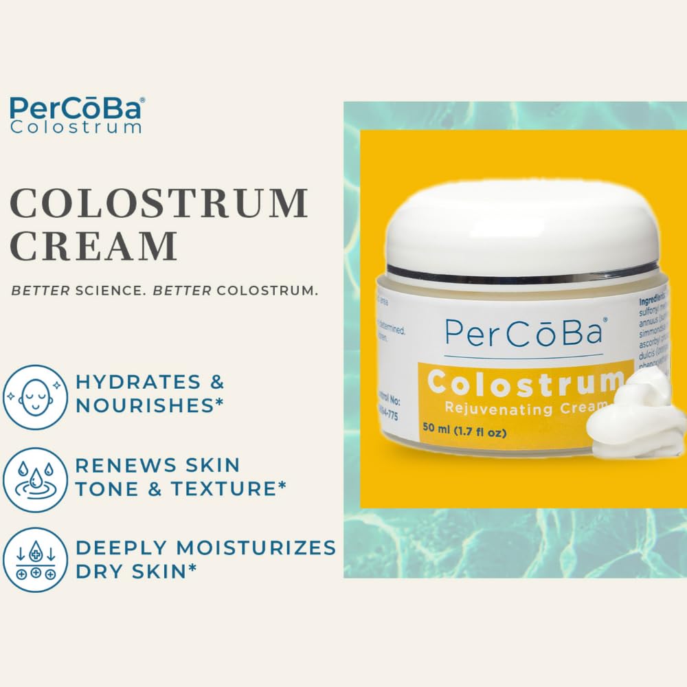 PerCōBa Colostrum Rejuvenating Cream - Anti-Aging Face, Neck & Hand Moisturizer with Vitamin A, E, and Jojoba - Non-Greasy Hydrating Cream for Radiant, Youthful Skin - 1.7 fl.oz.