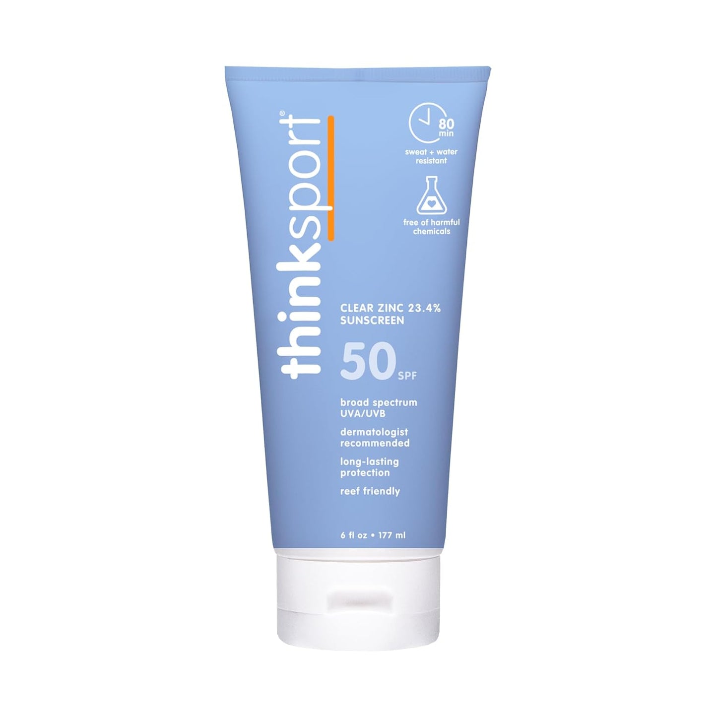 Thinksport SPF 50+ Mineral Sunscreen - Clear Zinc Oxide, Water-Resistant, Vegan | 6 Fl Oz