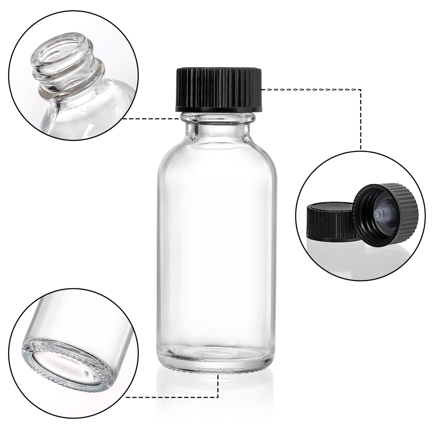 Bekith 30 Pack Boston Round Glass Bottle with Black Cap, 1 oz (30ml) Clear Glass Bottles Small Travel Bottle for DIY Essential Oils, Perfumes, Whiskey and Juices
