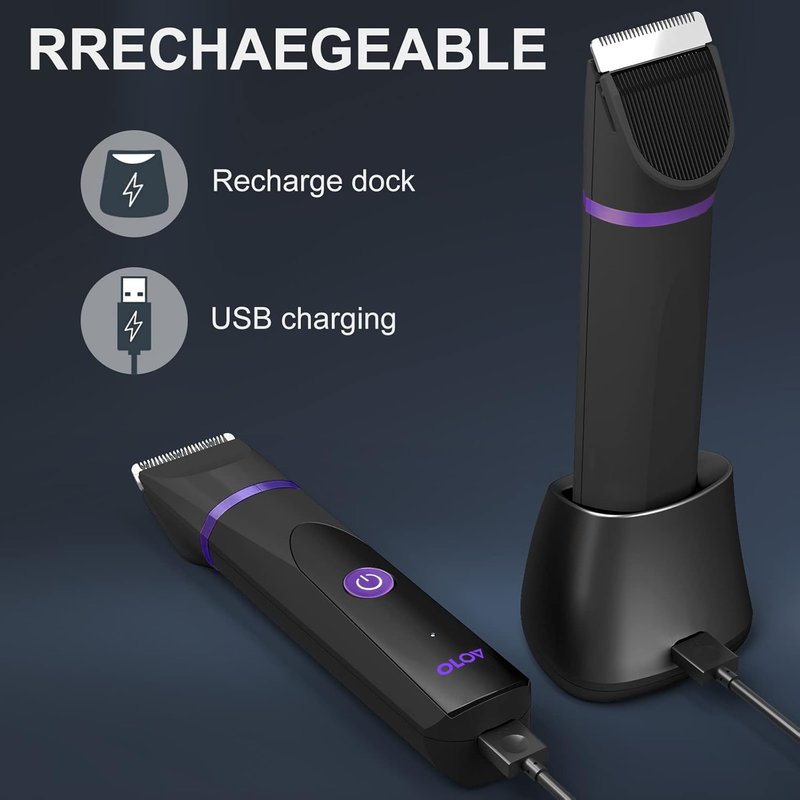 OLOV Electric Body Hair Trimmer - Groin Trimmer for Men - Bikini Trimmer Women - Wet/Dry Shaver Groomer, Replaceable Ceramic Blade Heads, USB Recharge Dock, Waterproof Hygiene Razor, Black Violet