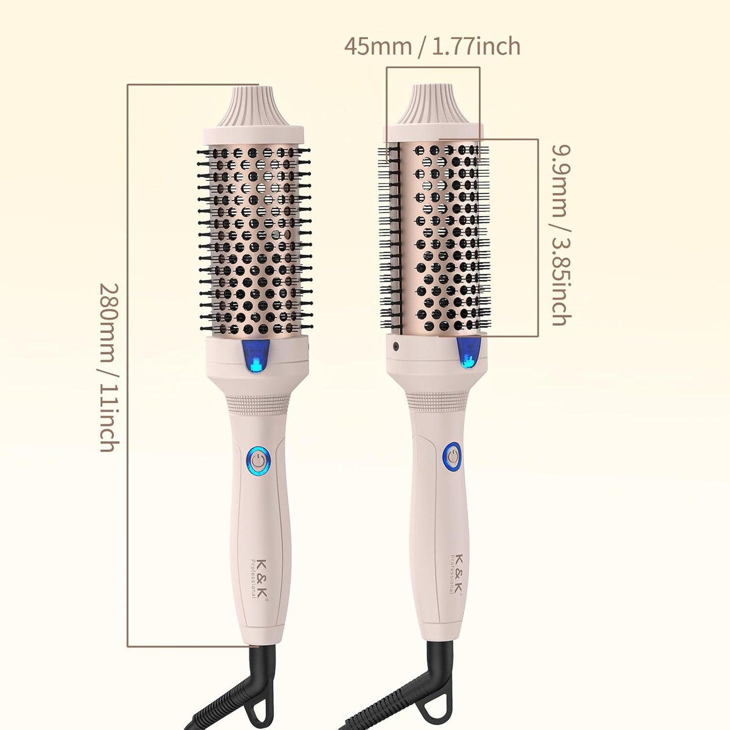 Heated Curling Iron - 1.77 Inch Volumizing Brush with Ceramic Tourmaline | Travel-Friendly Design in Pale Pink