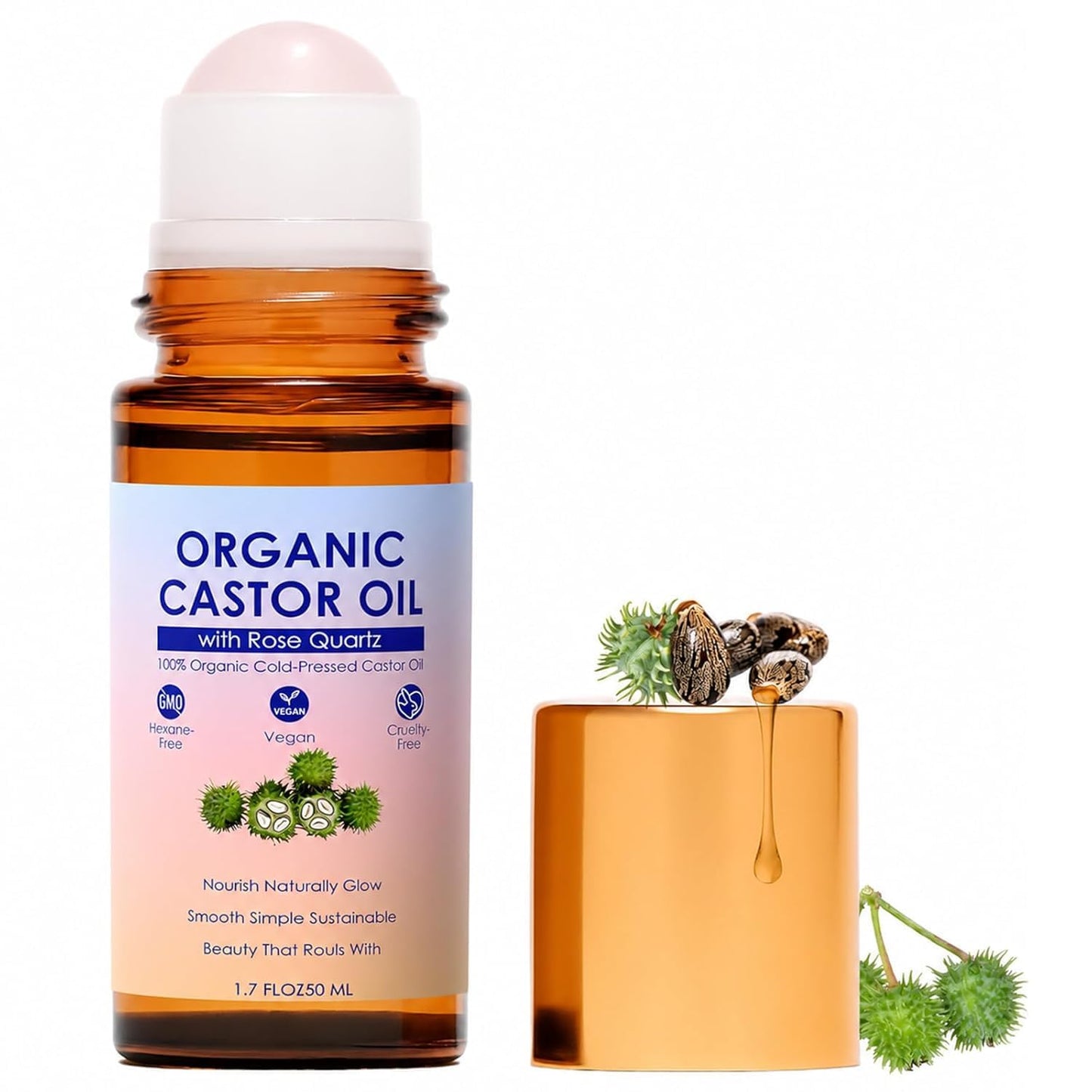 SDXJIOGE Organic Castor Oil Rose Quartz Roller Ball – 100% Cold Pressed Hexane Free Castor Oil Roll On for Facial Skin Care, Fine Lines, Wrinkles & Under Eye Puffiness (1.7 Fl Oz)