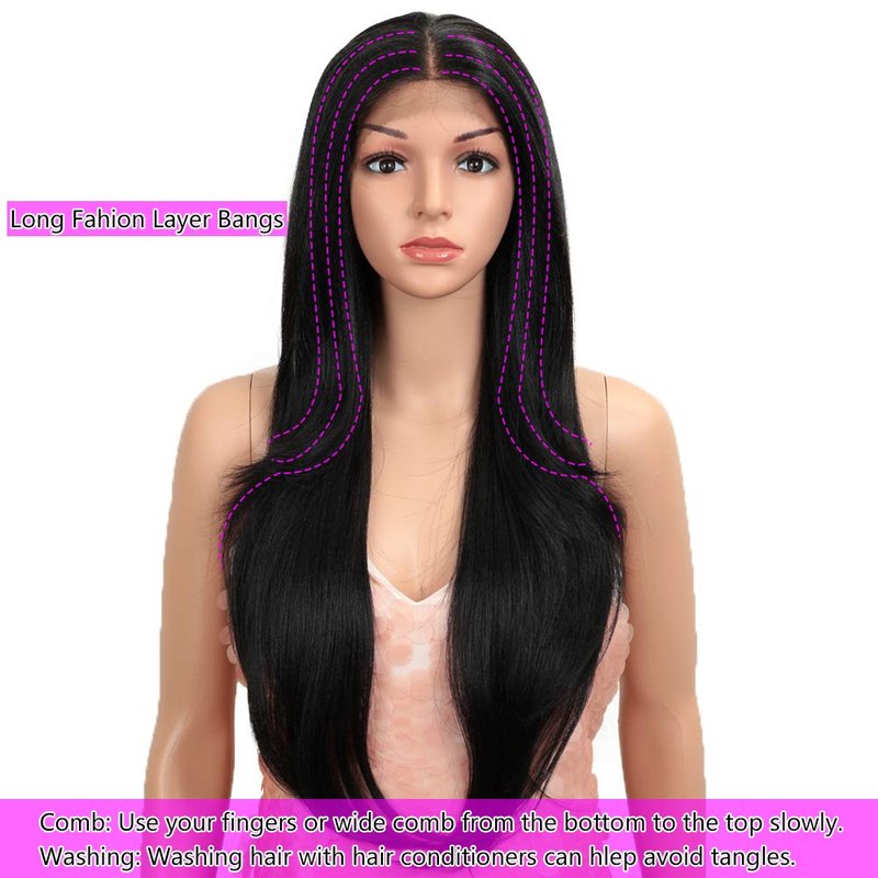 Style Icon Easy-360 Lace Wigs 28" Free Part Lace Frontal Wigs Long Straight Wig Black Synthetic Wig(28", 1B)