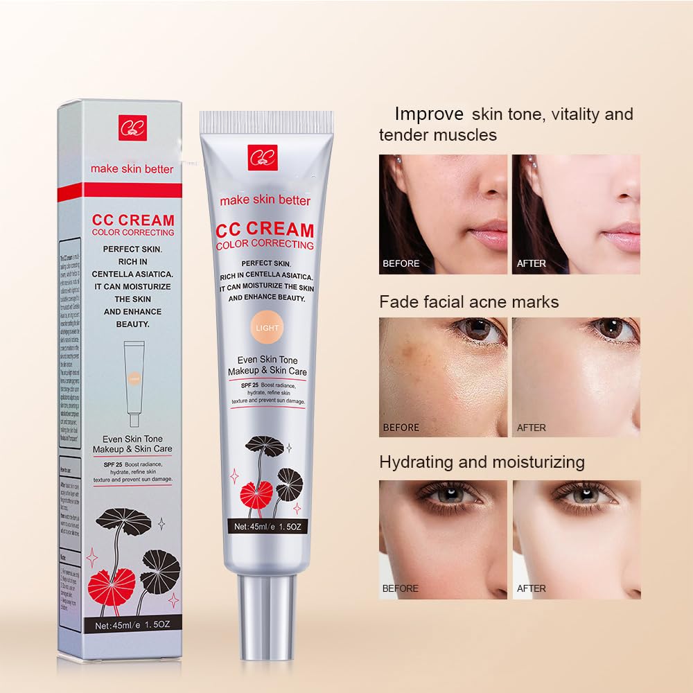 Color Correcting CC Cream with SPF 25, Coverage Lightweight Foundation, Hydrating Serum, Even Skin Tone Makeup and Skin Care, Refine Skin Texture, Avoid Sun Damage