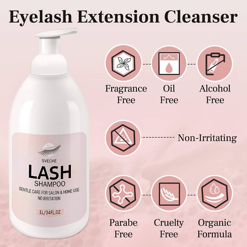 SVECKE Lash Shampoo 34fl.oz/1L, Eyelash Shampoo for Lash Extension, Eyelash Extension Cleanser, Lash Eyelid Foam Cleaning Kit for Salon Use and Home Use