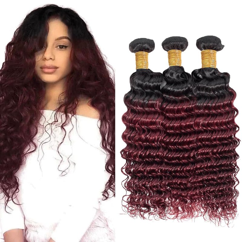 1B99J Bundle Ombre Red Deep Wave Human Hair Bundles Ombre Burgundy Loose Deep Wave Bundles Human Hair 14 16 18 Inch Red Bundle
