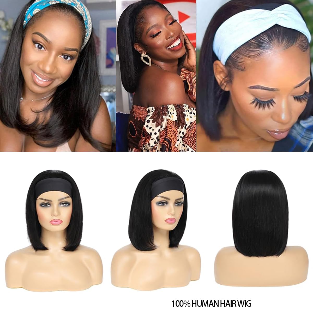 Kislemon Headband Bob Wig Human Hair Glueless Short Straight Bob Wigs Human Hair For Black Women 150% Density None Front Lace Brazilian Virgin Human Hair Wigs 8 Inch