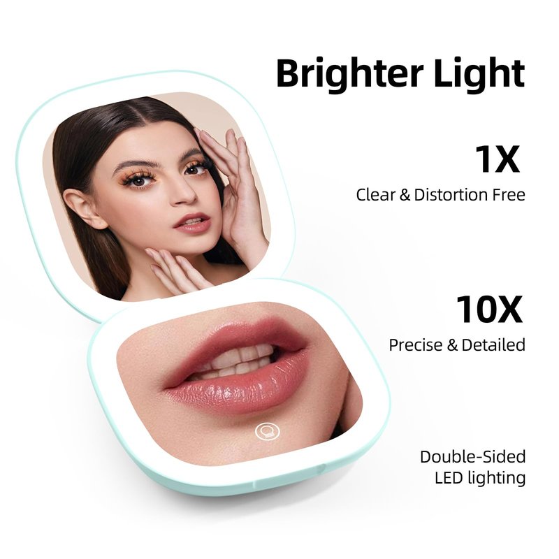Compact Magnifying Travel Makeup Mirror with LED Light - 3.5 inches 1X/10X Magnification Small Hand Pocket Dimmable Double Sided USB Rechargeable Touch Screen, Portable Tabletop Cosmetic (White)