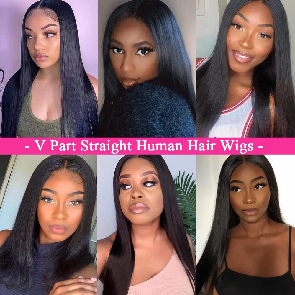 180% Density V Part Wig Human Hair with Drawstring Straight Brazilian Virgin Glueless Wig Human Hair for Black Women Upgrade U Part Wigs Full Head Clip In Half Wig No Leave Out Natural Color 8 Inch
