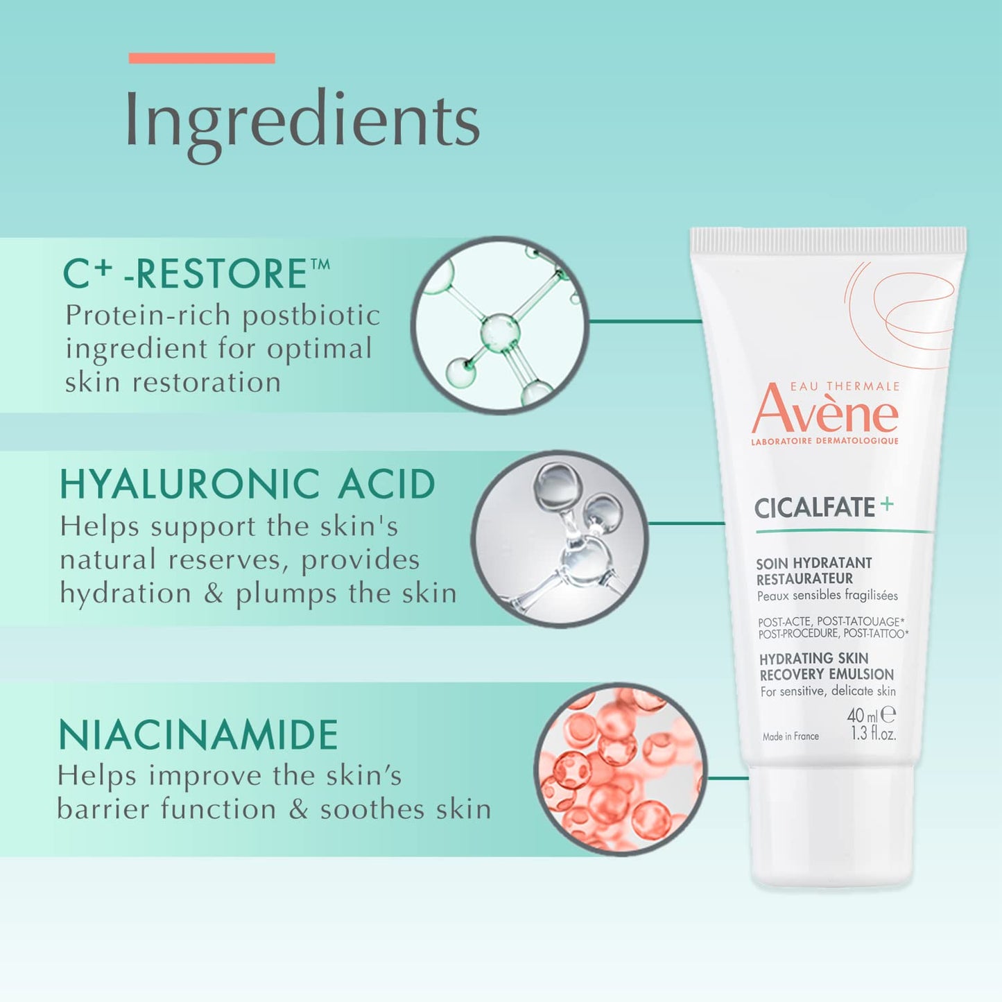 Avène Cicalfate+ Hydrating Skin Recovery Emulsion - 24HR Moisture for Post-Procedure & Tattoo Care | 1.3 Fl Oz