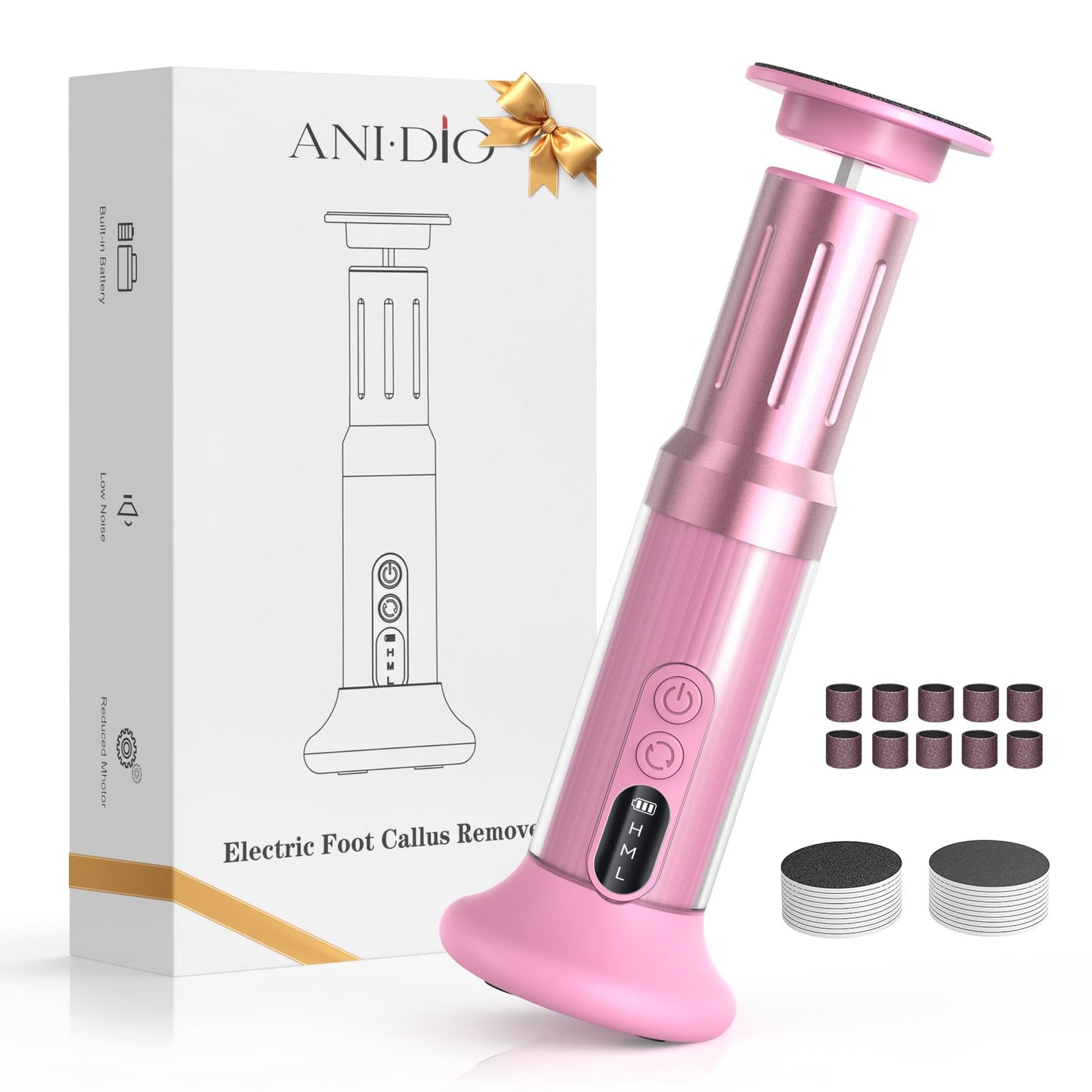 ANI·DIO Electric Foot Callus Remover,2 in 1 Cordless Rechargeable Foot File & Nail Sander,6 Adjustable Speeds,40 Sanding Bands, 1200mAh Battery,Ergonomic 5.9" Handle,Travel Essentials (Pink, M)