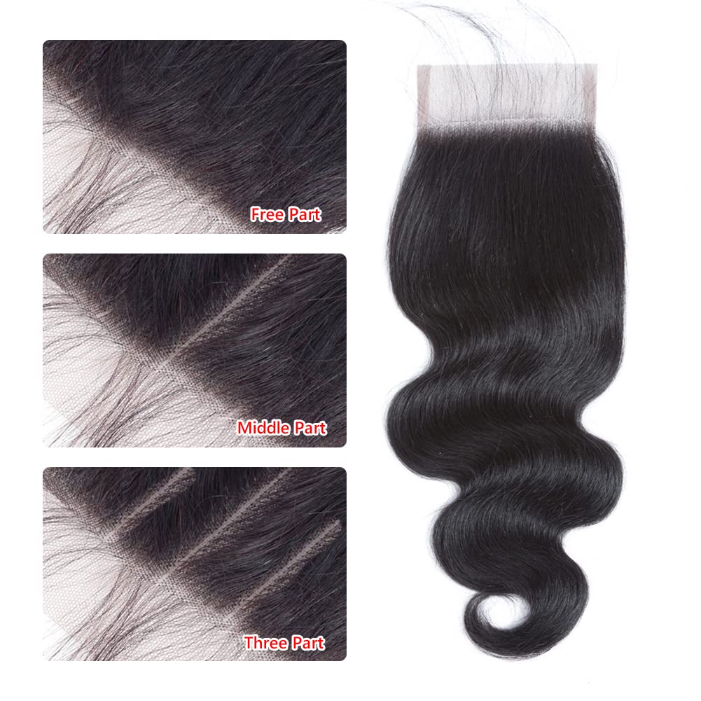 4x4 Lace Closure Body Wave Human Hair Transparent Lace Closure Human Hair 100% Unprocessed Brazilian Virgin 150% Density Body Wave Natural Black 22Inch