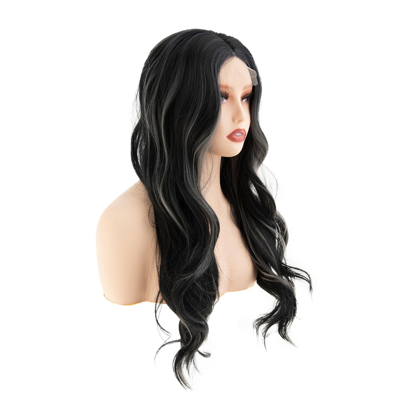 Sallcks Long Ombre Grey Lace Wigs for Women 27.5 inch Long Wavy Middle Part Wig Black Grey Highlight Cosplay Costume Halloween Wig
