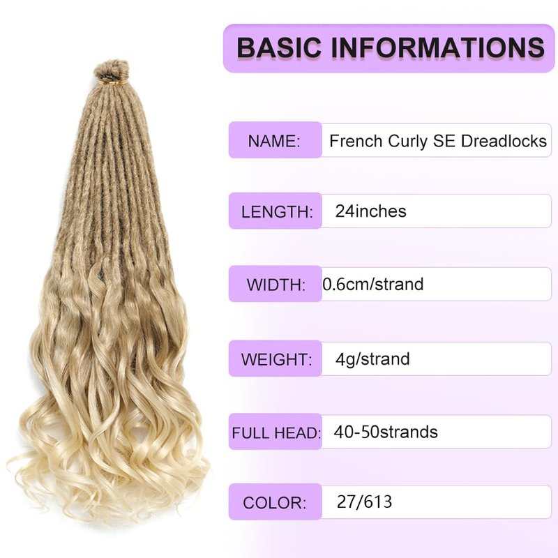 BUFENGSUN French Curly Dreadlocks Synthetic Single Ended Dreadlock Extension with Loose Wave Ends 24inches 50 Strands Thin Soft French Curly SE Dread Extensions for Women (27/613,50 strands)