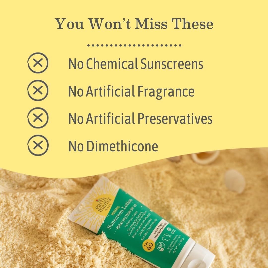 Earth Mama Baby Mineral Sunscreen Lotion SPF 40 - (2 Pack) 3 oz - Non-Nano Zinc - Broad Spectrum for Babies, Kids & Family - Water Resistant Sun Protection