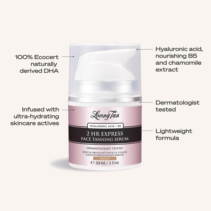 Loving Tan NEW 2 Hr Express Face Tanning Serum, Medium - Hydrating, Natural-Looking Glow Sunless Self Tanner, Dermatologist Tested, Lightweight, Naturally Derived DHA, Vegan & Cruelty-Free - 1 fl oz