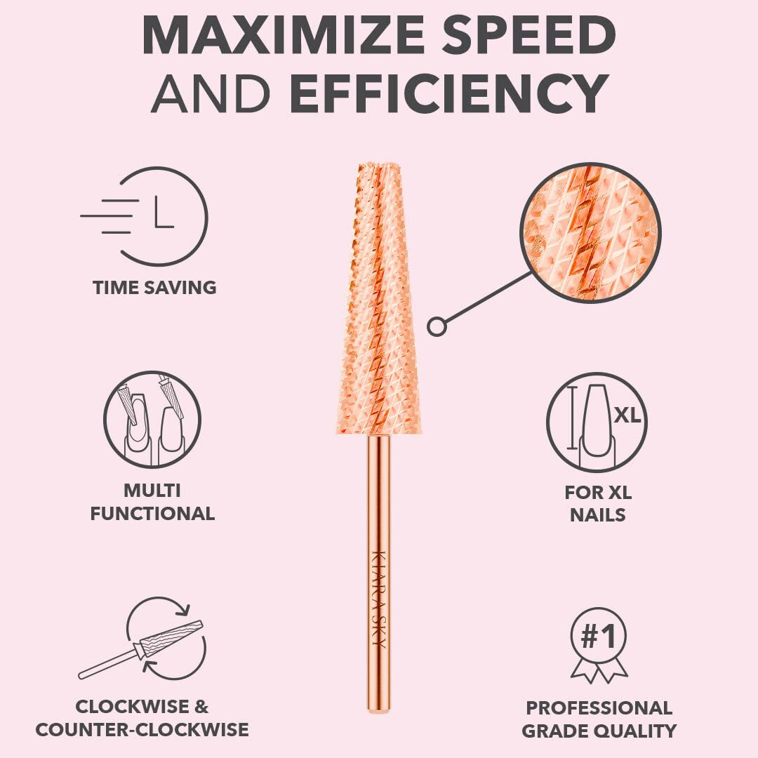 Kiara Sky XL 5-in-1 Course Nail Drill Bit | 3/32"" Carbide Extra Long Multi-use | 2-way Rotate Left and Right Handed - Rose Gold