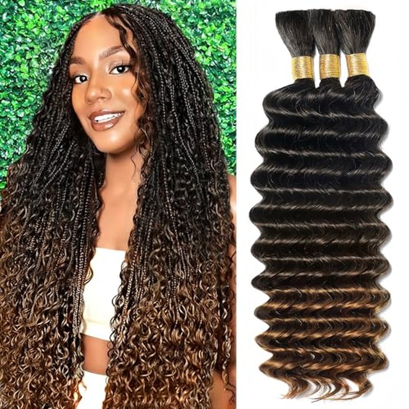 Ombre Human Braiding Hair for Boho Braids 24 Inch 120g Deep Wave Bulk Boho Human Hair for Braiding Curly Knotless Bohemian Braids 12A 100% Brazilian Virgin No Weft Extensions 3 Bundles/Pack T1B/30