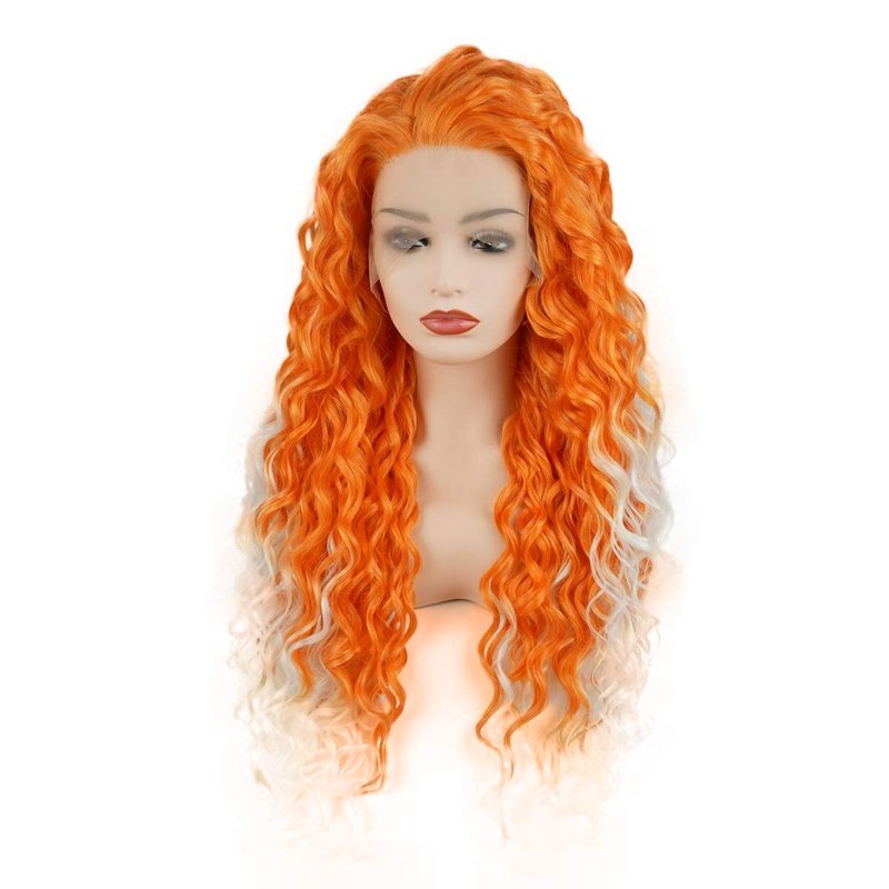 Meiyite Hair Curly Long 26inch Two Tone Orange White Ombre Heavy Density Realistic Synthetic Lace Front Wigs