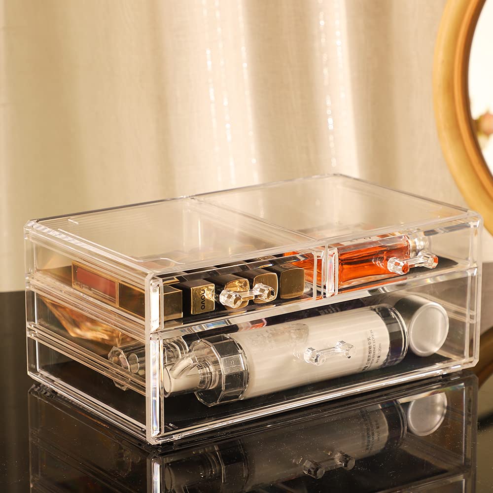 Cq acrylic 3 Pack Clear Makeup Organizer Countertop,Stackable 7 Drawers Skincare Organizer,Cute Skin Care Organizer for Vanity Hair Clip,Jewelry,Beauty Product Desk and Make Up Organizers for Vanity
