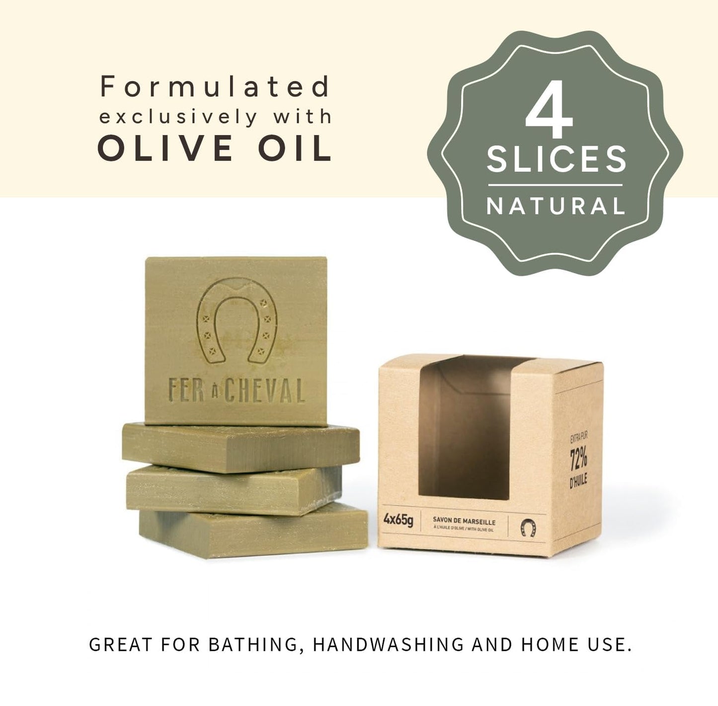 Fer à Cheval Pure Olive Savon De Marseille Soap Bar Sliced Cubes, Natural French Olive Oil Soap Bar Slices, Multi-Purpose Marseille Soap, 4x65 g/2.29 oz | 2 Pack