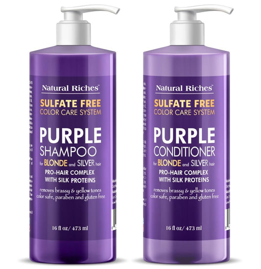 Natural Riches Purple Shampoo and Conditioner Set for Blonde, Silver & Gray Hair – Sulfate-Free, Color-Safe, Removes Brassy & Yellow Tones for Natural, Highlighted, and Bleached Hair – 16x2 fl oz