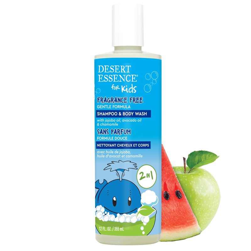 Desert Essence Kids Fragrance Free 2-in-1 Shampoo & Body Wash, Gentle Cleanser for Children’s Hair and Skin, Tear-Free Bath Wash for Kids, 12 fl oz