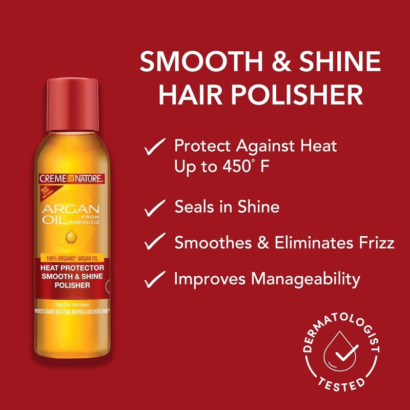 Creme of Nature Heat Protector | Smooth & Shine Polisher with Argan Oil - Protects Hair Up to 450°F, 4 fl oz