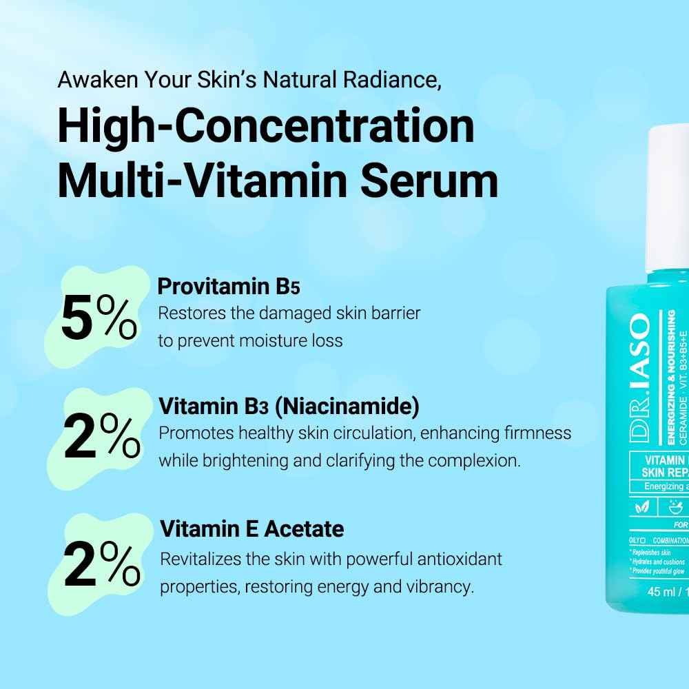 IASO Vitamin Enriched Skin Repair Serum | Highly Concentrated Multivitamin Serum, Vegetable Oils, Korean Skin Care, 1.5 oz