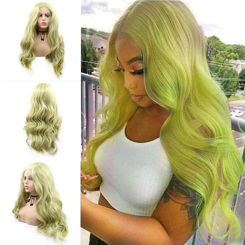 Yellow Green Lace Front Wig for Women - Long Wavy Synthetic Hair | Realistic Glueless 24-Inch Cosplay Style