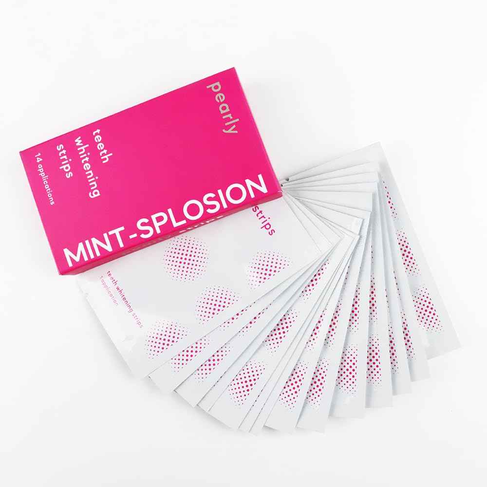 Pearly Teeth Whitening Strips Enamel Safe Stain Removing Dental Whitener for Wine, Coffee and Other Stains, 28 Mint Strips, Pink