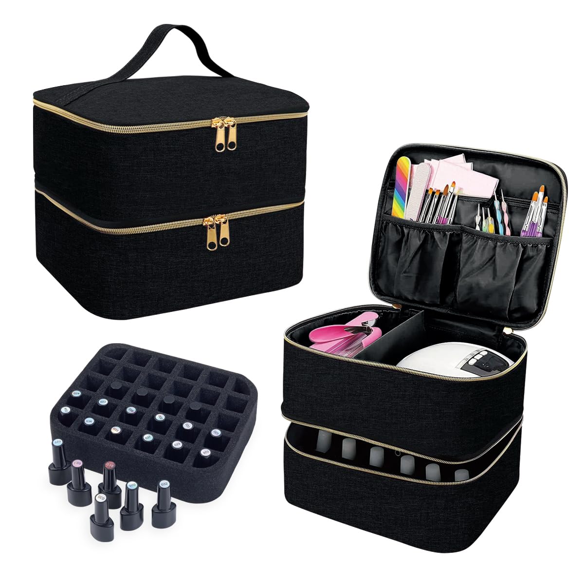 UOZL Nail Polish Organizer, Handheld Double Layer Organizer Holds 30 Bottles (15 ml/0.5 floz) with Adjustable Dividers for Nail Polish Small Manicure Lamp Manicure Tools Essential and Travel,Black