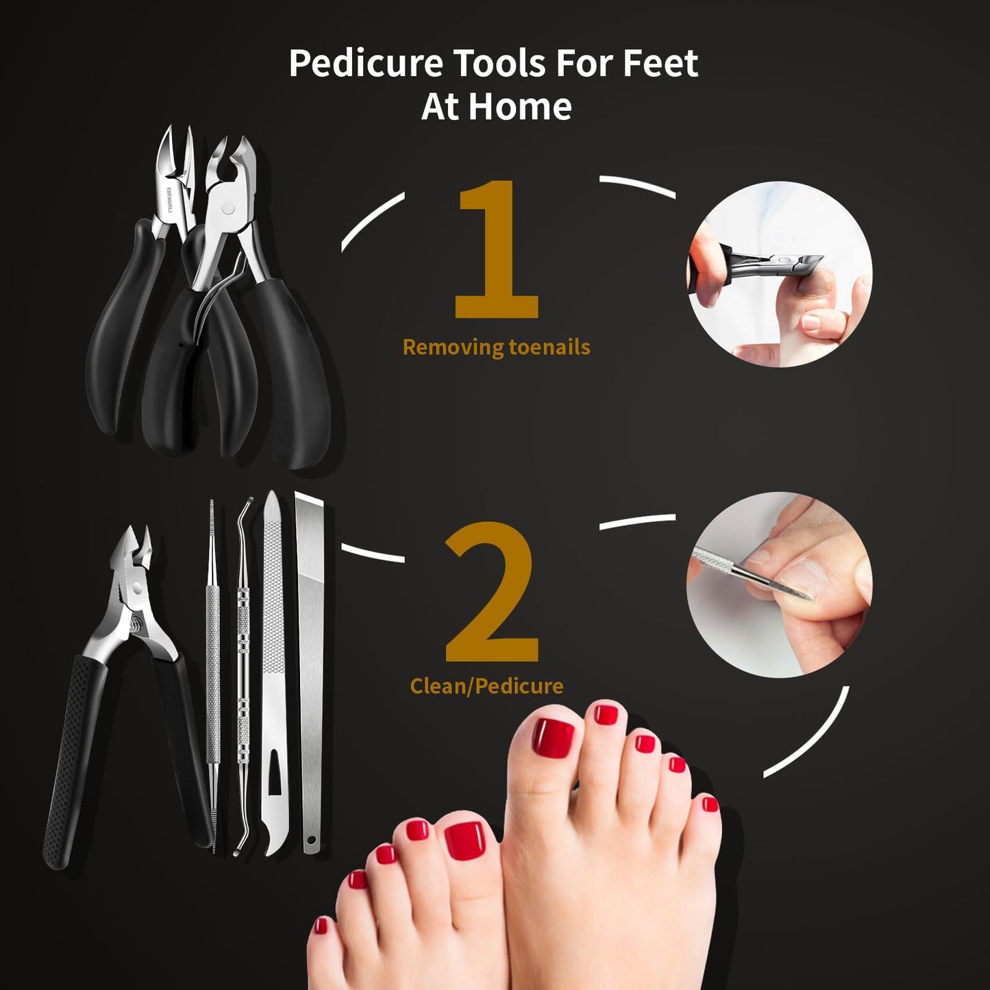 EBEWANLI Toe Nail Kit, 7PCS Pedicure Tools for Feet, Heavy Duty Toenail Clippers for Thick Toenails or Ingrown Toenail Removal, Professional Nail Nippers Cutters with Non-Slip Handle for Seniors