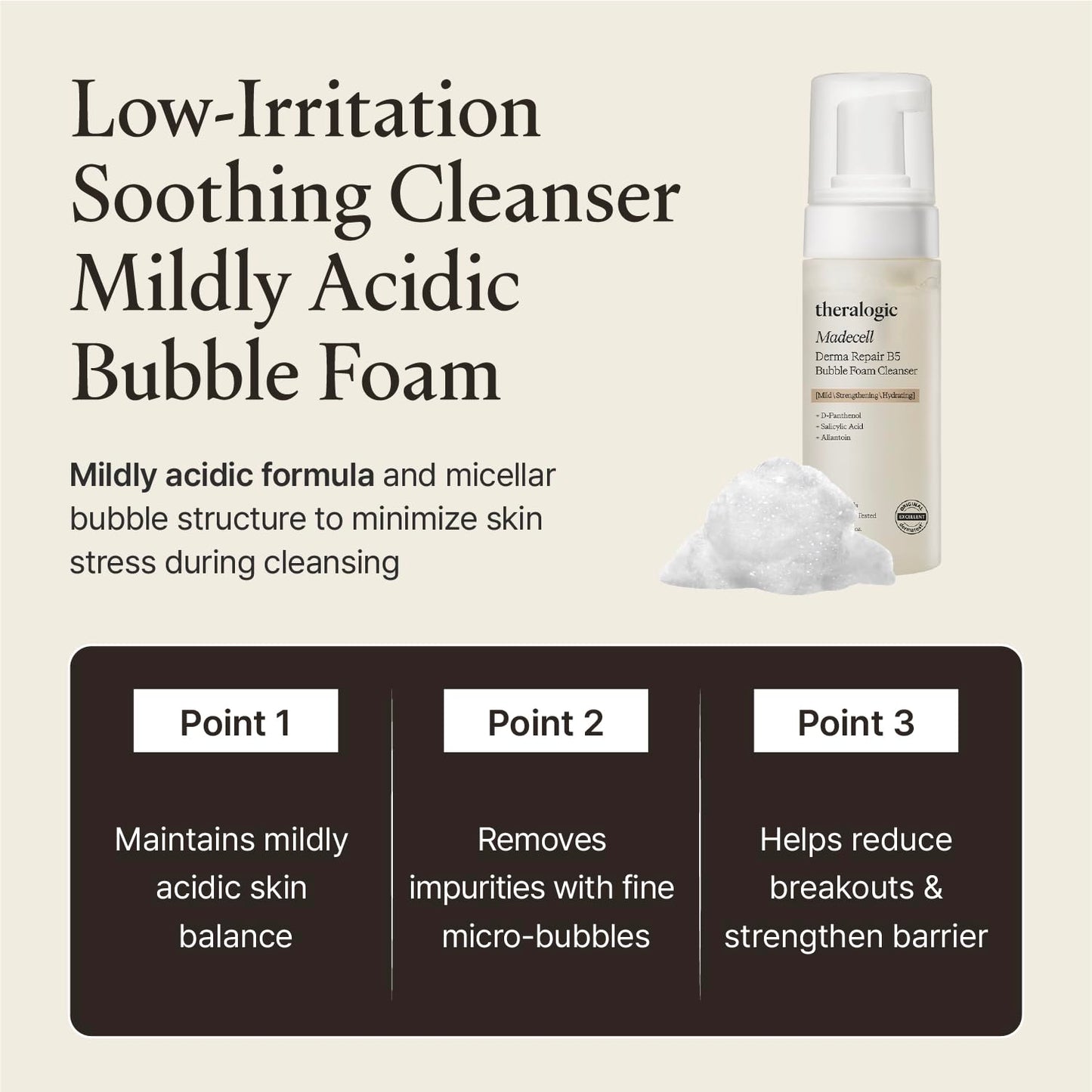theralogic Madecell Derma Repair B5 Bubble Foam Cleanser - Panthenol & Salicylic Acid BHA - Korean Acne Calming Bubble Face Wash - Hypoallergenic, Vegan, Fragrance Free, 5.07 fl.oz.