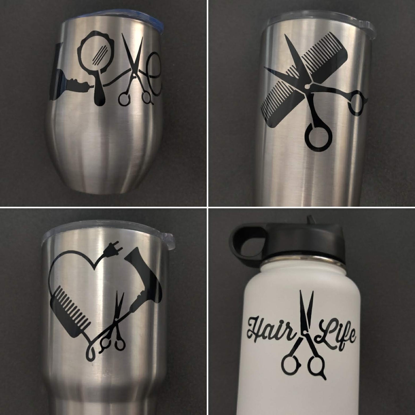 Hair Stylist Decal 4 Pack: Love, Heart, Comb and Scissors, Hair Life (Hairstylist Black, Small ~3.5")