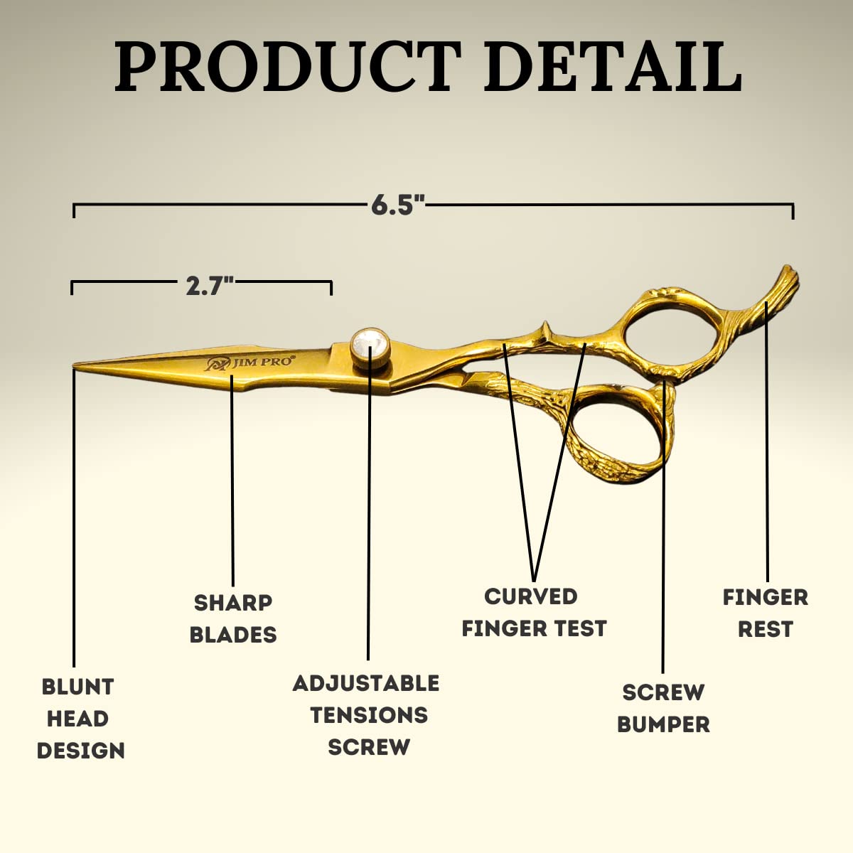 JIM PRO Professional Quality Barber Scissor - Hair Cutting Scissors, Professional Japanese 440C Stainless Steel Barber Hair Scissors With Dragon Handle, for Both Salon and Home Use 6.5" (GOLDEN-440C)