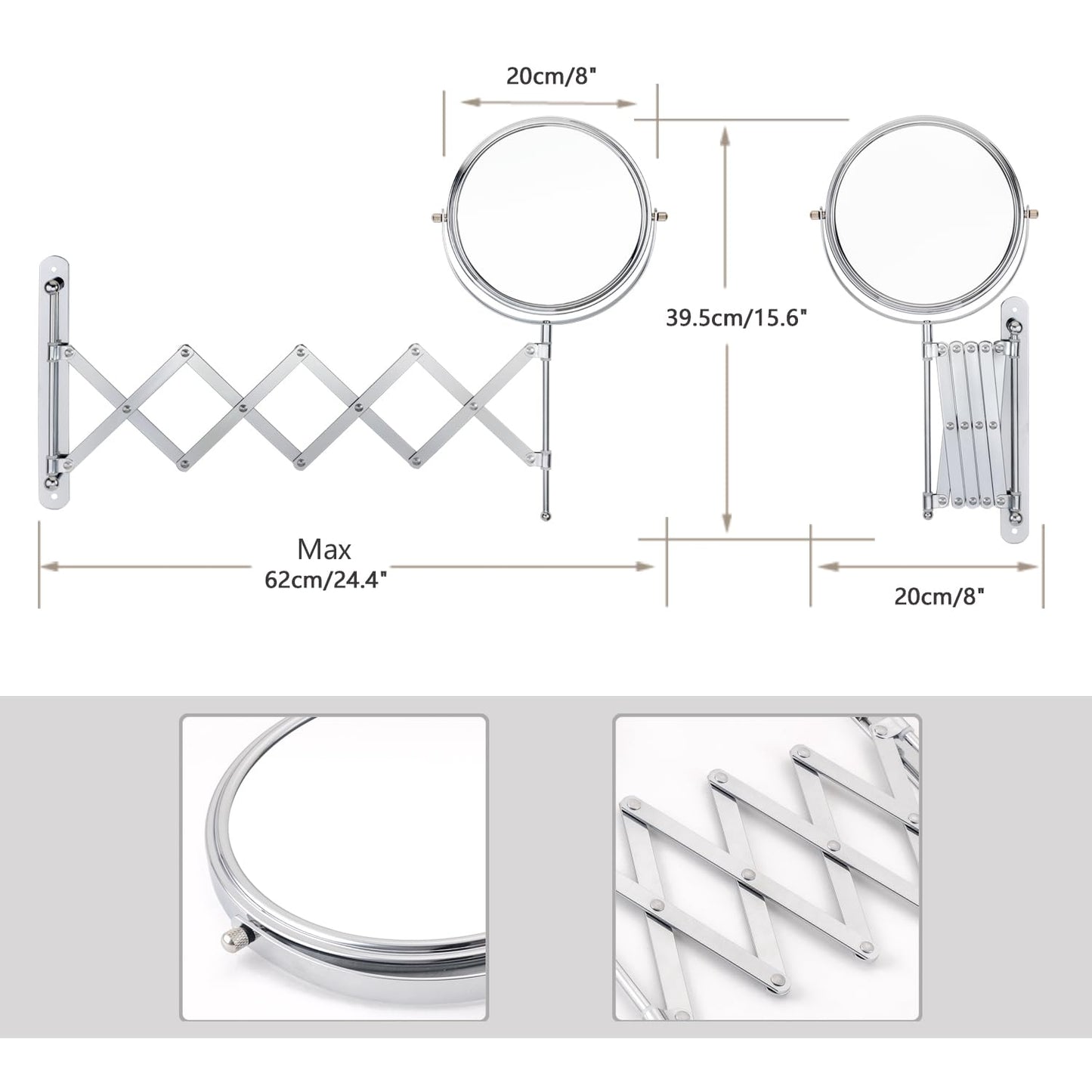 Welllink 8Inch Max Extendable Mirror for Bathroom, Space-Saving Screw Mount, 10X/1X Magnifying Mirror, HD Glass No Distortion Chrome, for Home Cloakroom Gift