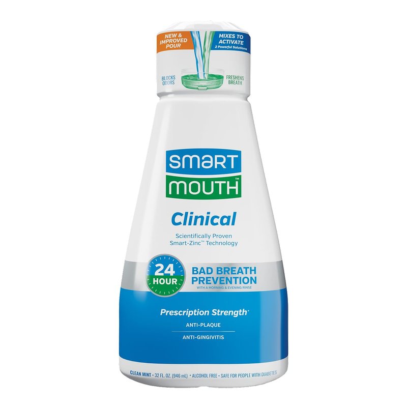 SmartMouth Clinical Zinc Activated Mouthwash - Anti-Plaque & Anti-Gingivitis for Healthy Gum Support - All-Day Fresh Breath - Alcohol-Free, Sugar-Free, & Gluten-Free - Clean Mint - 32 fl oz