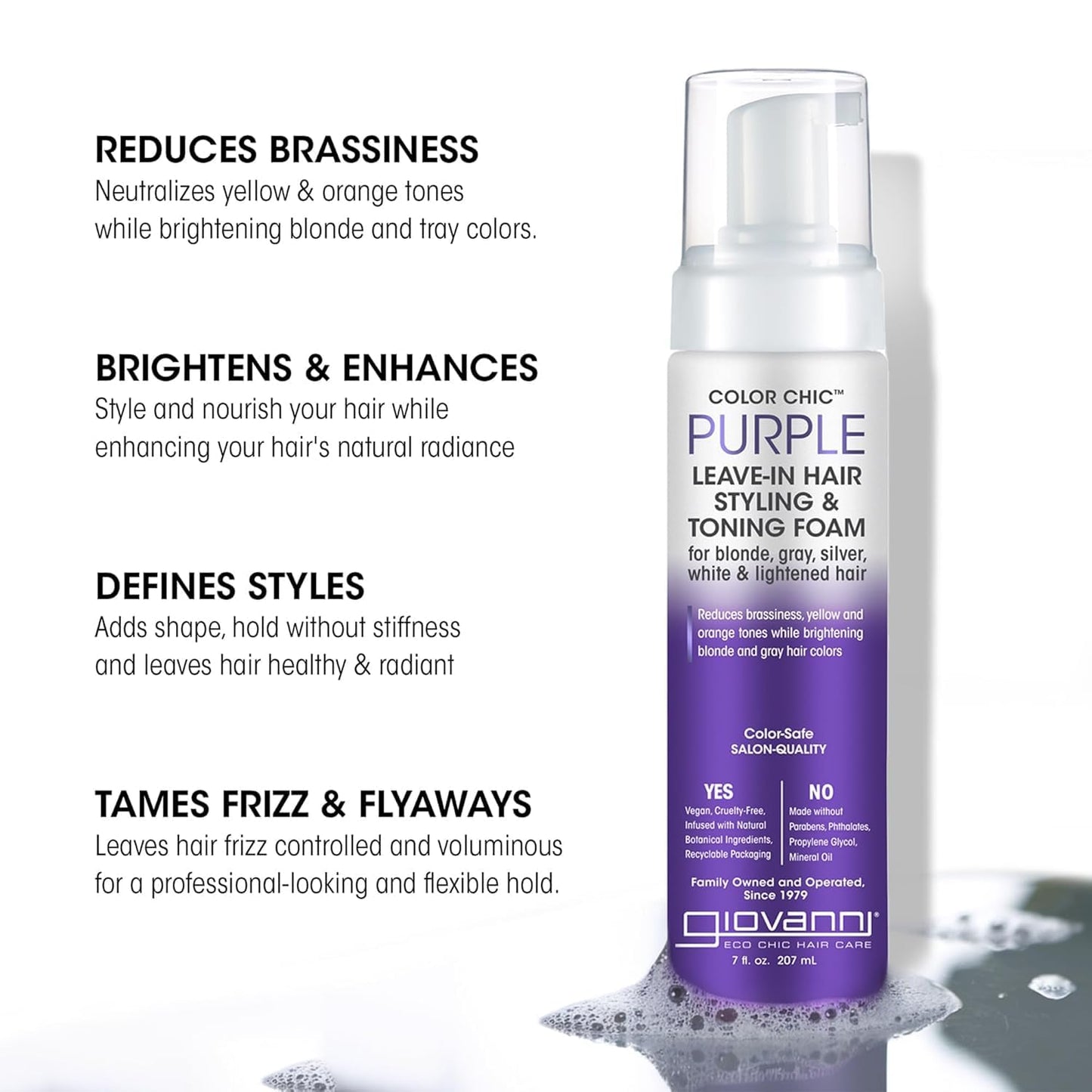 GIOVANNI Color Chic Purple Leave-In Hair Styling & Toning Foam - Purple Foam for Blonde, Gray, Brassy, Fine Hair, Gives Volume & Shine for Women & Men - 7 fl oz (Pack of 1)