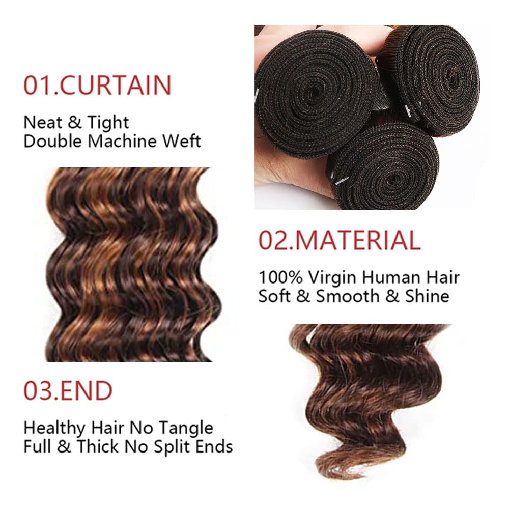 Deep Wave Brown Human Hair Bundle - 100% Unprocessed Virgin Brazilian Extensions | 24 Inch Piano Color