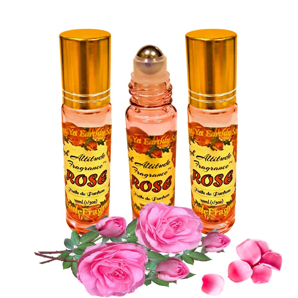 ROSE Perfume Oil - All-Natural Essential Oil Fragrance - Huile de Parfum - Bulgarian Damask Rosa Damascena Petals Otto,Tea Rose, De Mai - Roll On Roller Ball - Party Travel Guest Favors Gifts - 10mlx3