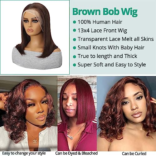 Brown Bob Wig Human Hair 13x4 HD Lace Front Wig 100% Unprocessed Brazilian Virgin Human Hair #4 Bob Wigs Pre Plucked Natural Hairline with Baby Hair Brown Color Bob for Women(14")
